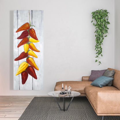 Toile jaune gastronomique | Décoration d'intérieur « Corde de piments »