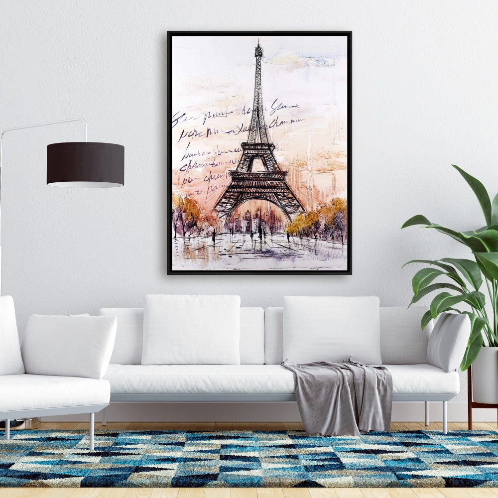 Croquis de la Tour Eiffel sur toile | Décoration de chambre romantique grise