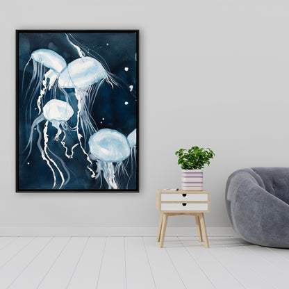 Toile décorative encadrée bleue représentant les animaux de la chambre de Méduse