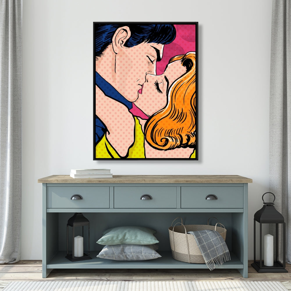 Toile de couple style Pop Art | Figurine de femme encadrée bleue