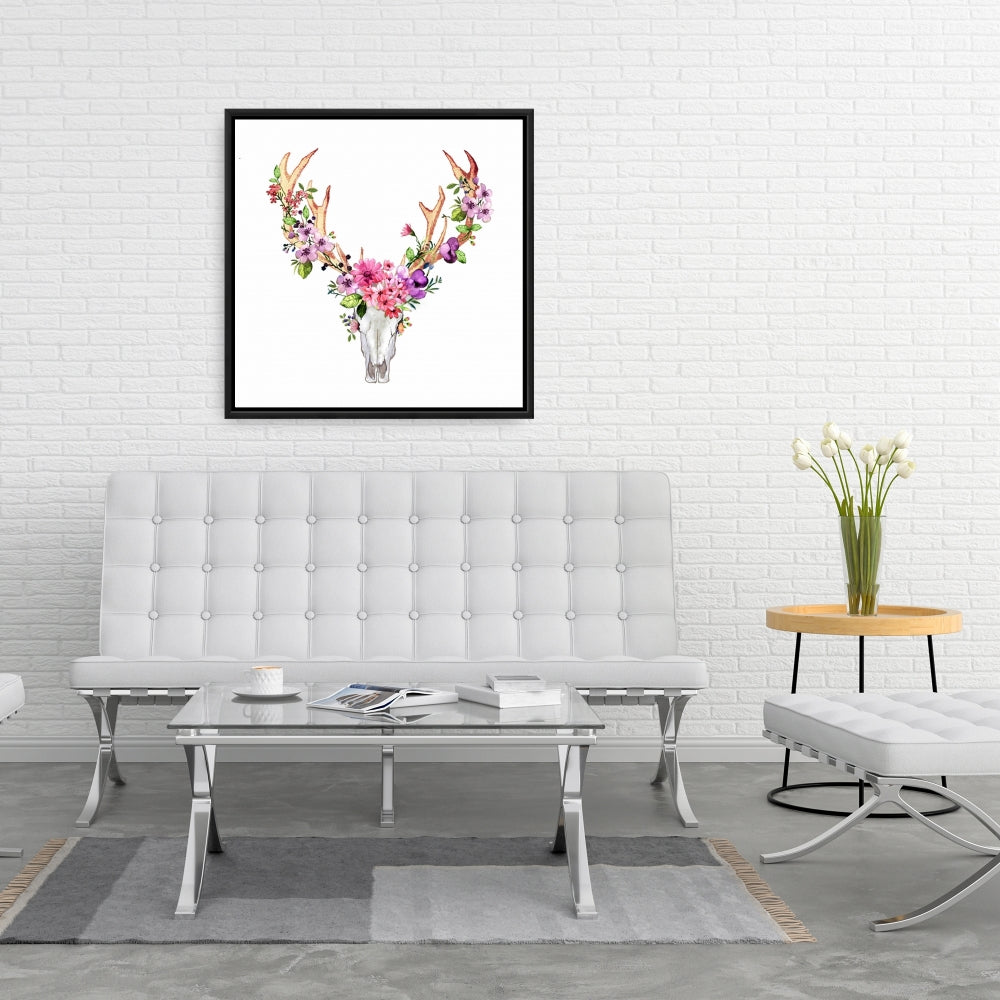 Toile « Crâne de cerf avec fleurs » | Décoration d'intérieur avec cadre blanc