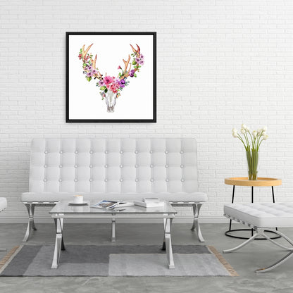 Toile « Crâne de cerf avec fleurs » | Décoration d'intérieur avec cadre blanc