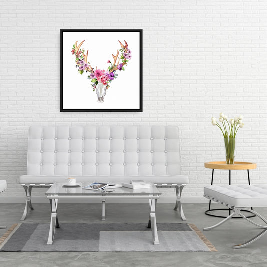 Toile « Crâne de cerf avec fleurs » | Décoration d'intérieur avec cadre blanc