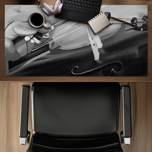 White Instrument Desk Mat | Musicien with Cello Monochrome Decor