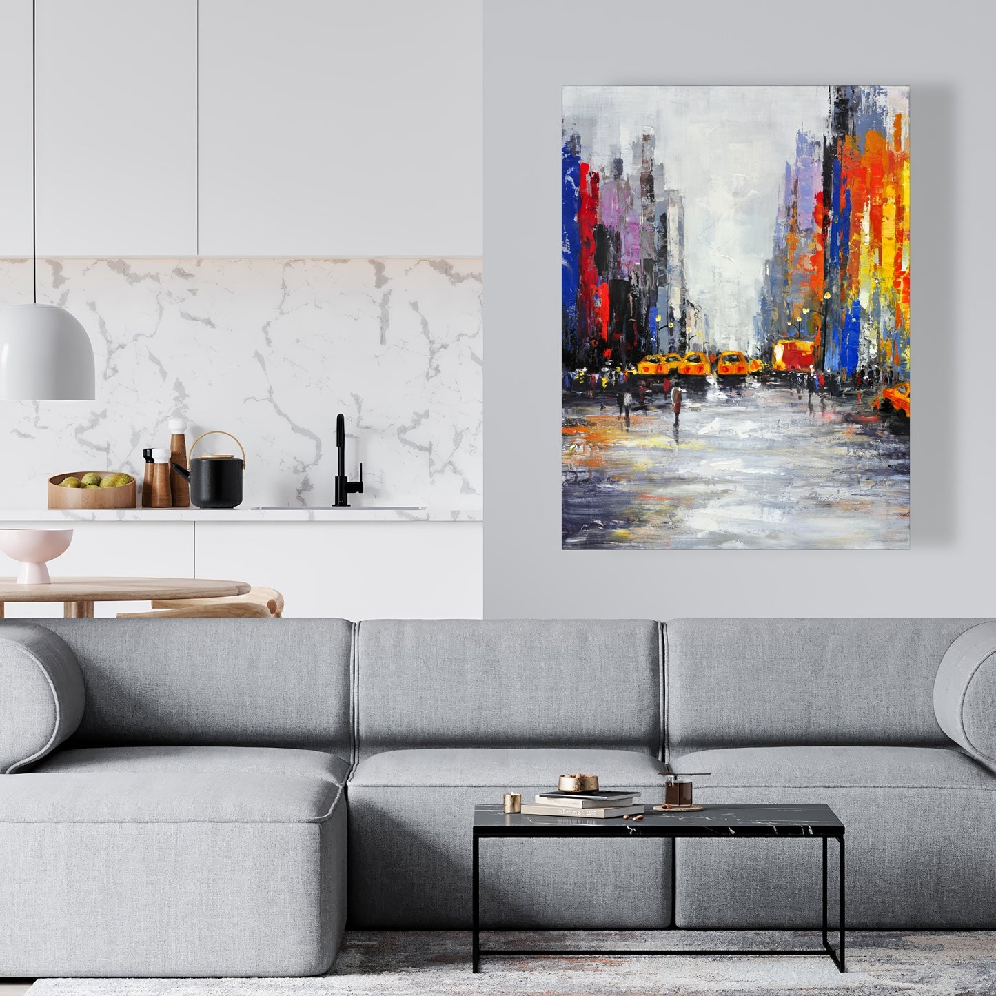 Color Spotted Street with Taxis Canvas | Building Cities Blue