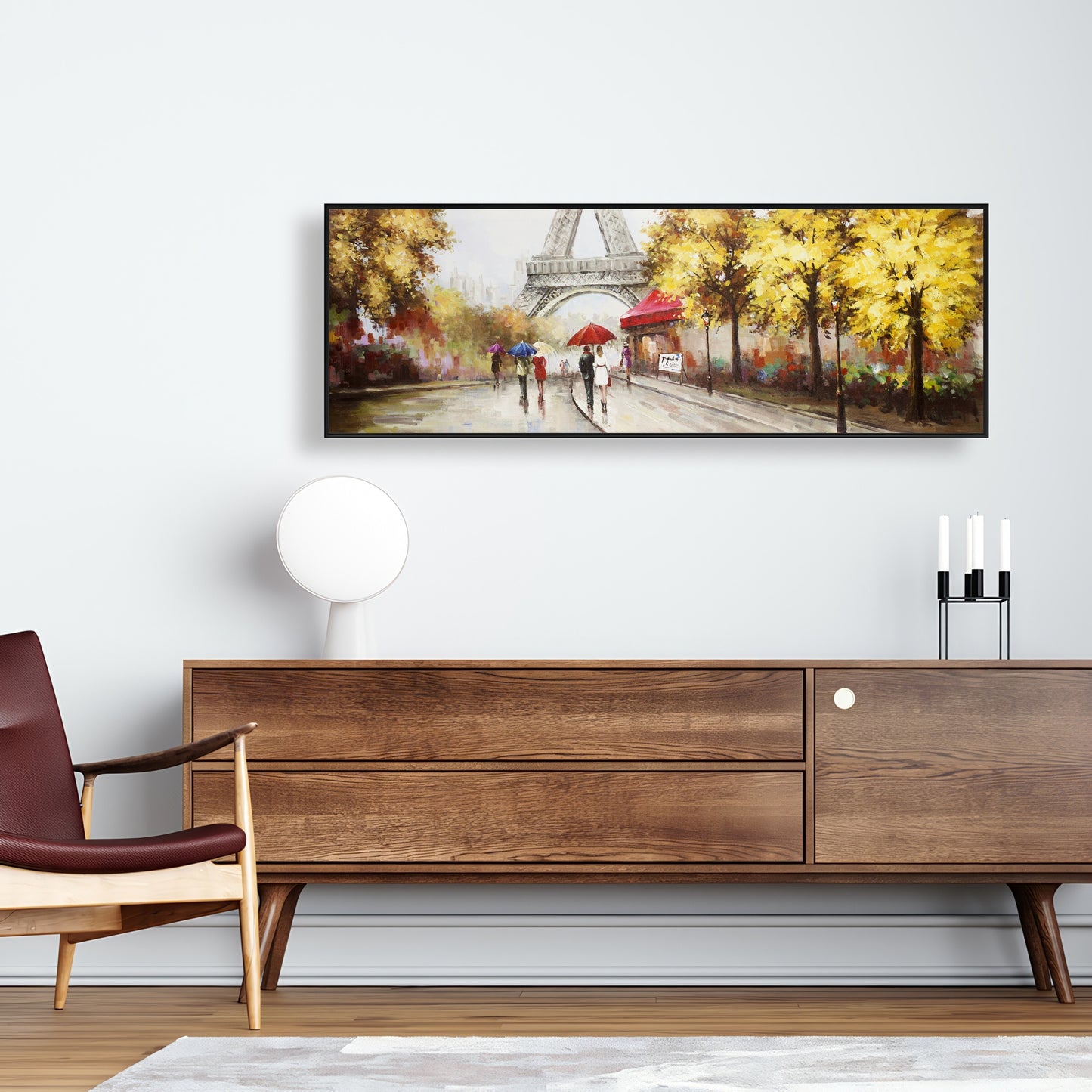 Toile encadrée Arbres jaunes – Décor de passants près de la Tour Eiffel