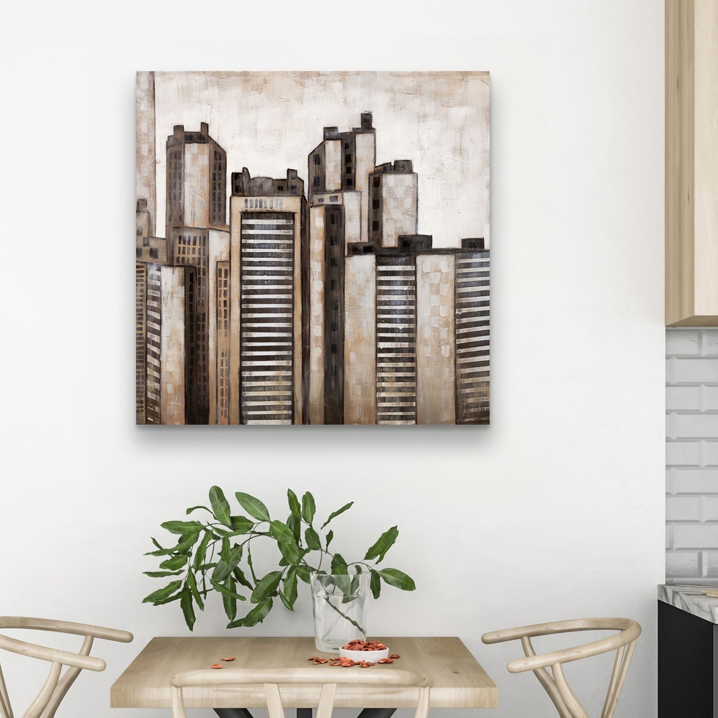 Toile moderne marron « Villes » | Décoration d'intérieur à rayures et gratte-ciels