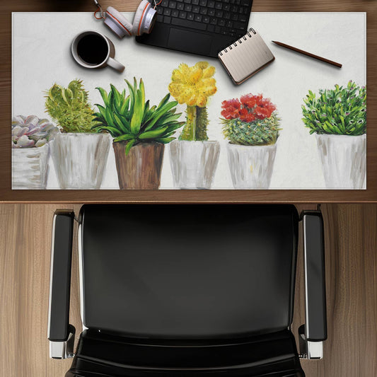 White Exotic Botanical Desk Mat | Small Cactus & Succulents Decor