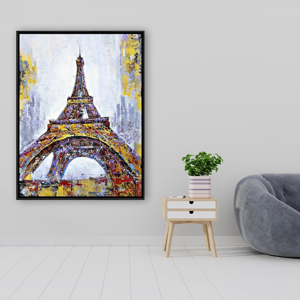 Toile de chambre à coucher avec bâtiment jaune | Peinture abstraite sur la Tour Eiffel