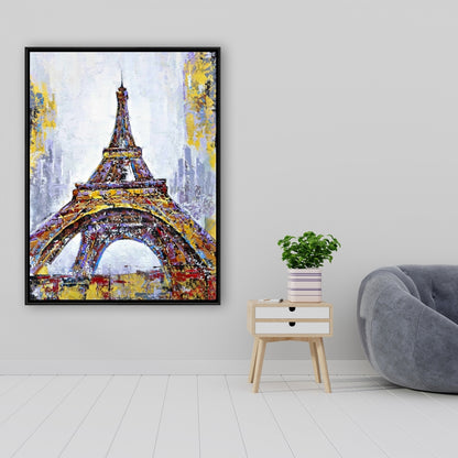 Toile de chambre à coucher avec bâtiment jaune | Peinture abstraite sur la Tour Eiffel
