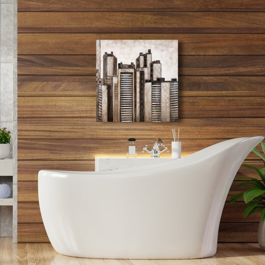 Toile moderne marron « Villes » | Décoration d'intérieur à rayures et gratte-ciels