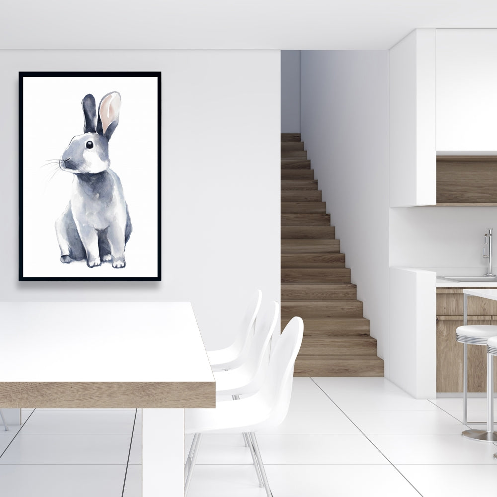 Toile encadrée « Lapin curieux gris » | Décoration de chambre scandinave