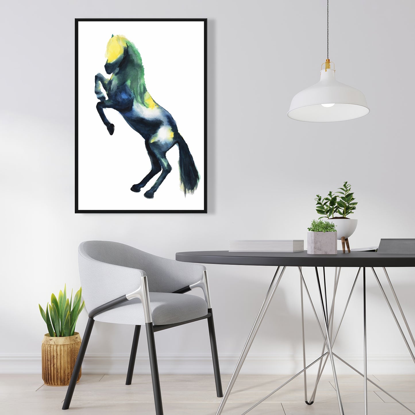 Toile encadrée représentant un cheval bleu et des animaux de la ferme, décoration d'intérieur