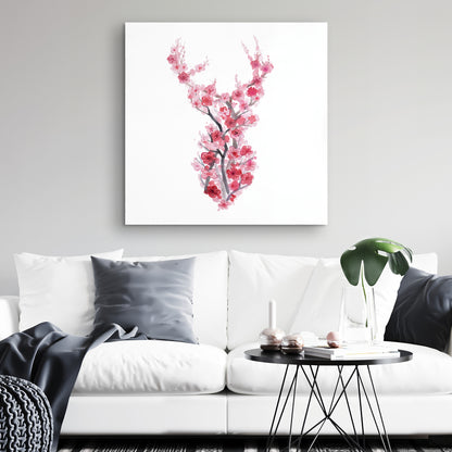 Toile de cerf rose asiatique – Décoration murale avec cerf et cerisiers en fleurs