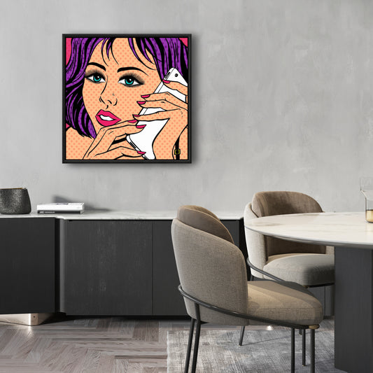 Toile Pop Art : Femme au téléphone – Cadre rétro violet