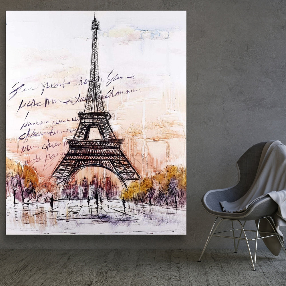 Eiffel Tower Sketch Gray Canvas | Bedroom Decor | Trees