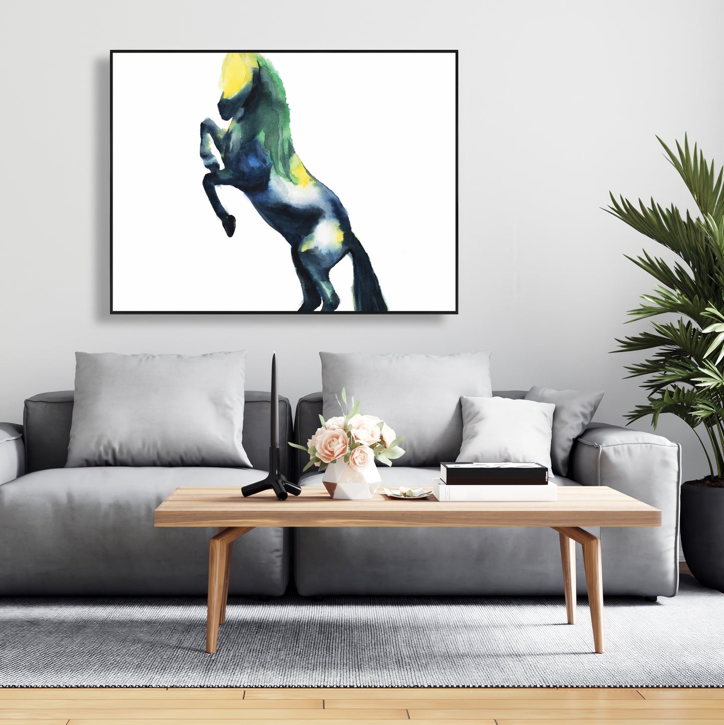 Toile encadrée représentant un cheval bleu et des animaux de la ferme, décoration d'intérieur