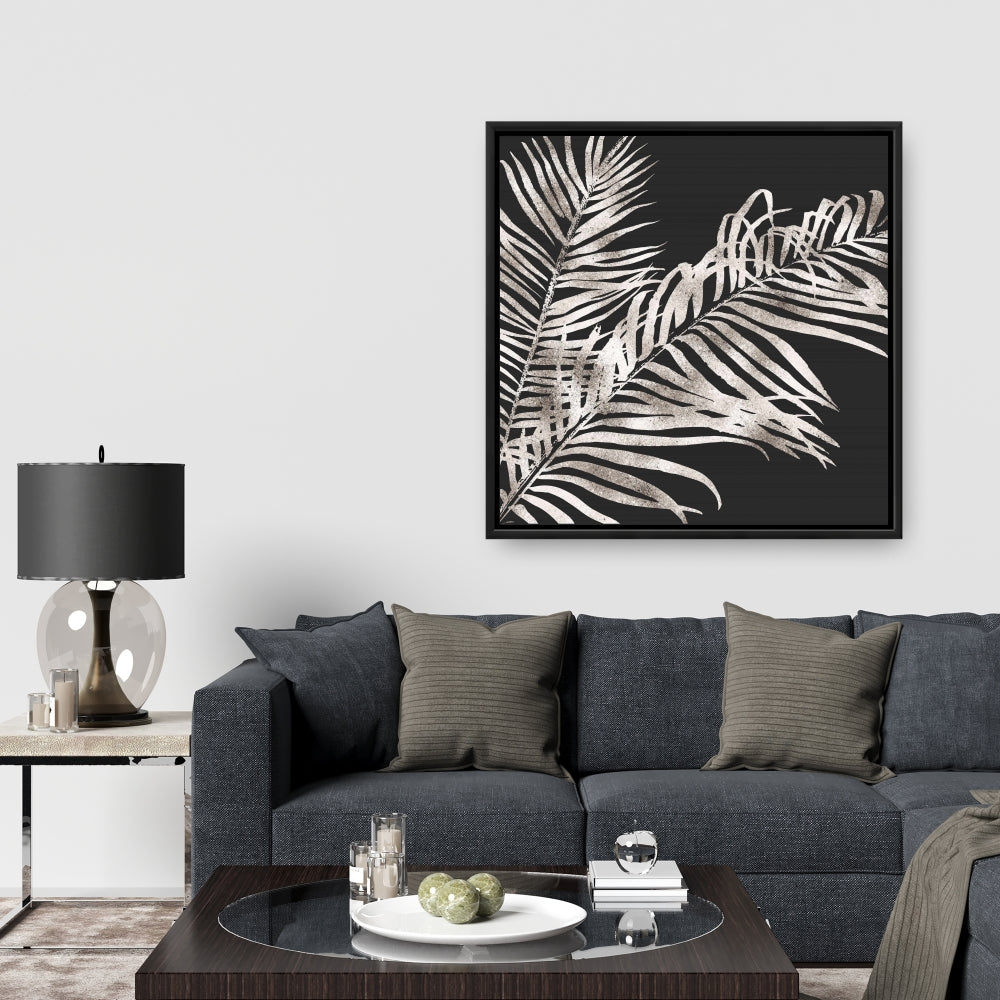 Toile botanique grise à feuilles tropicales dorées | Décoration de chambre