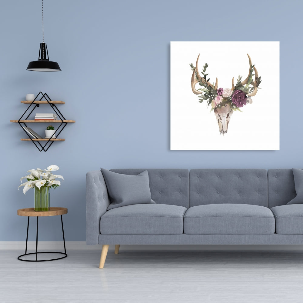 Rustic Deer Skull with Flowers Canvas - Animal Bedroom Decor