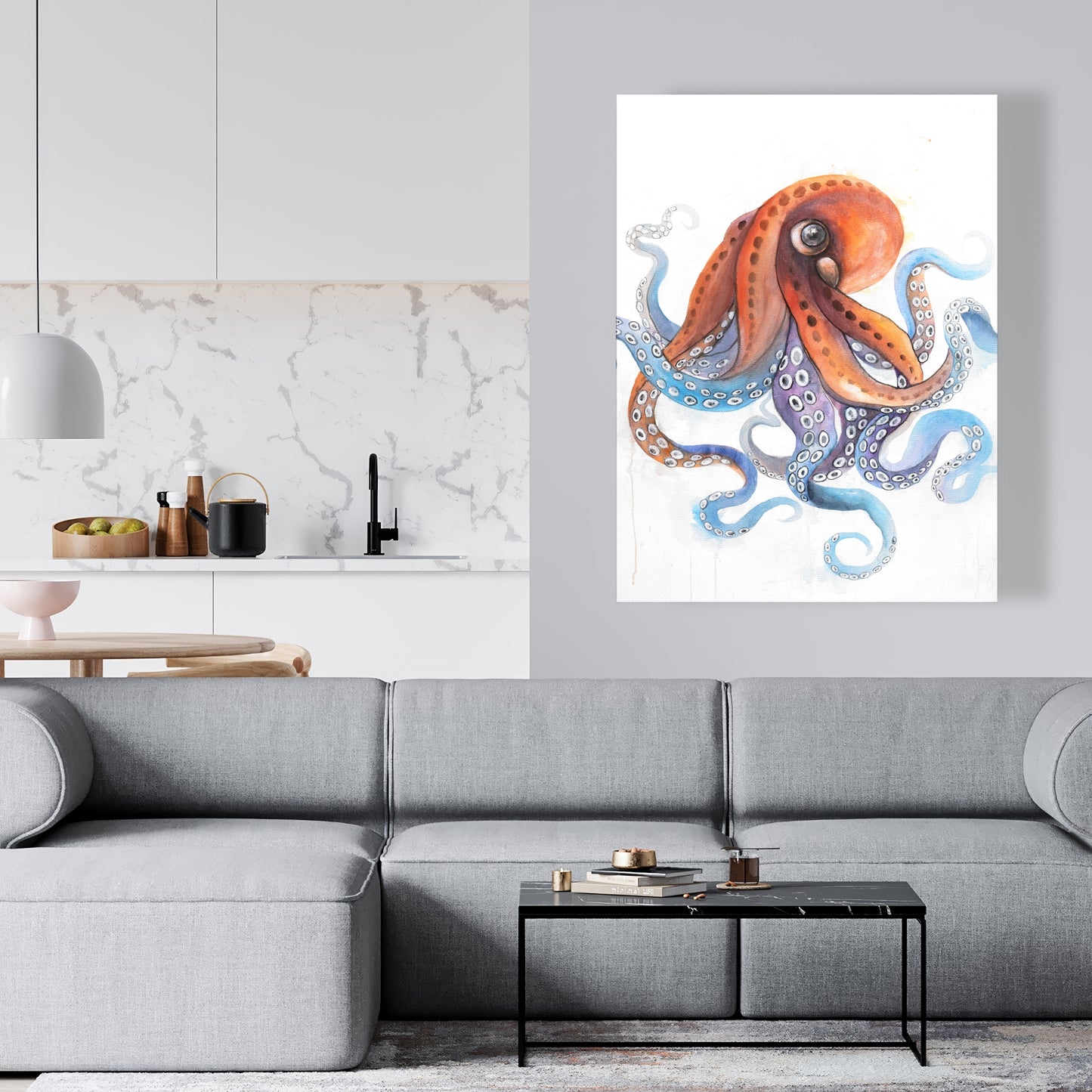 Toile bleue amusante et colorée avec pieuvre | Décoration aquatique