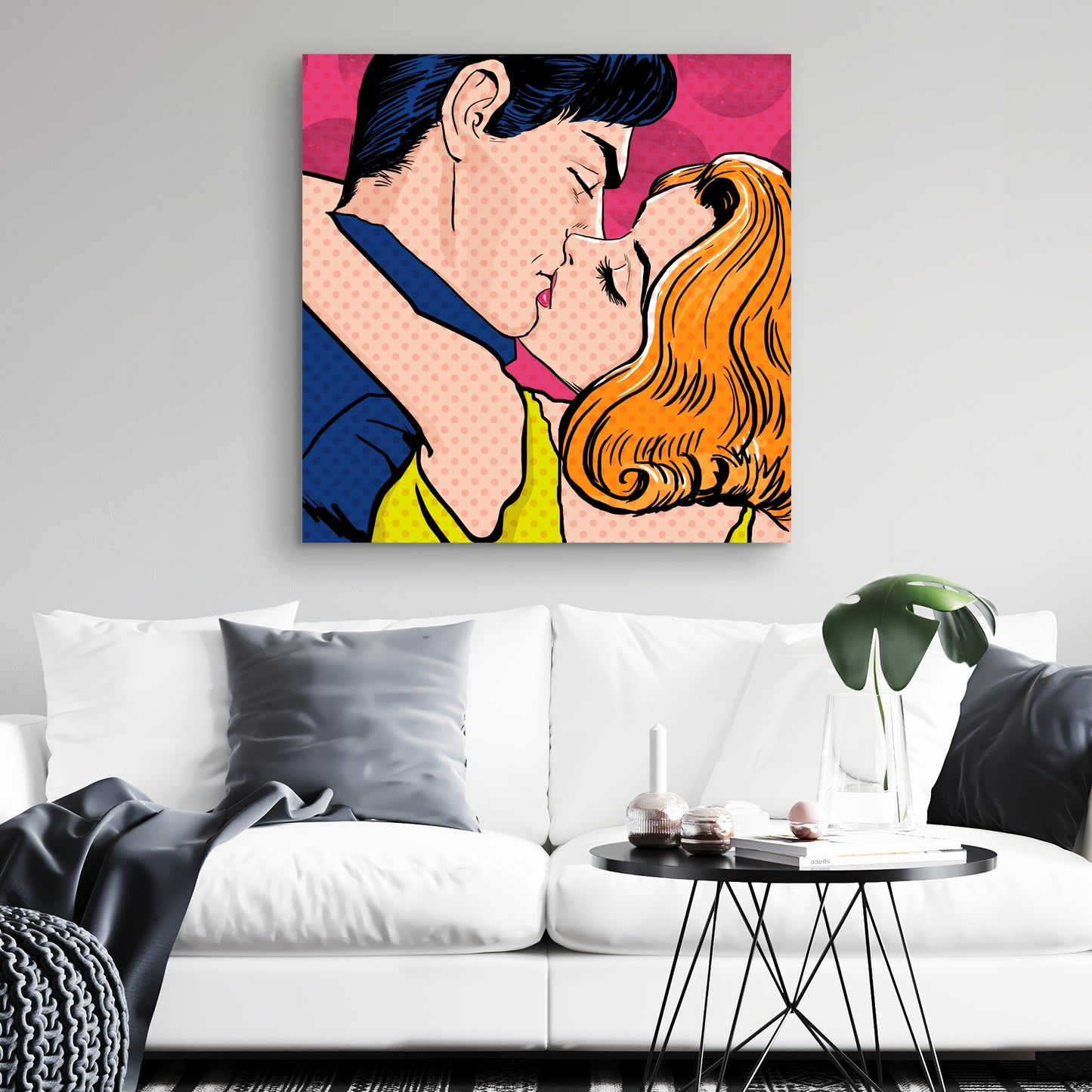 Toile rétro bleue style Pop Art pour couple | Décoration d'intérieur pour femme