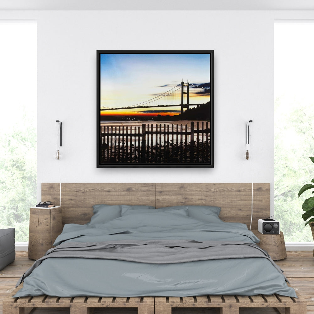 Toile encadrée « Pont au coucher du soleil » – Décoration murale bleue pour chambre à coucher