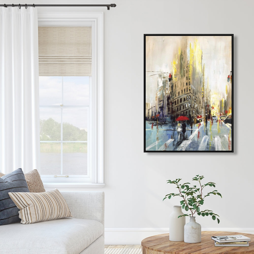 Toile beige abstraite « Rue pluvieuse » | Décoration de chambre urbaine