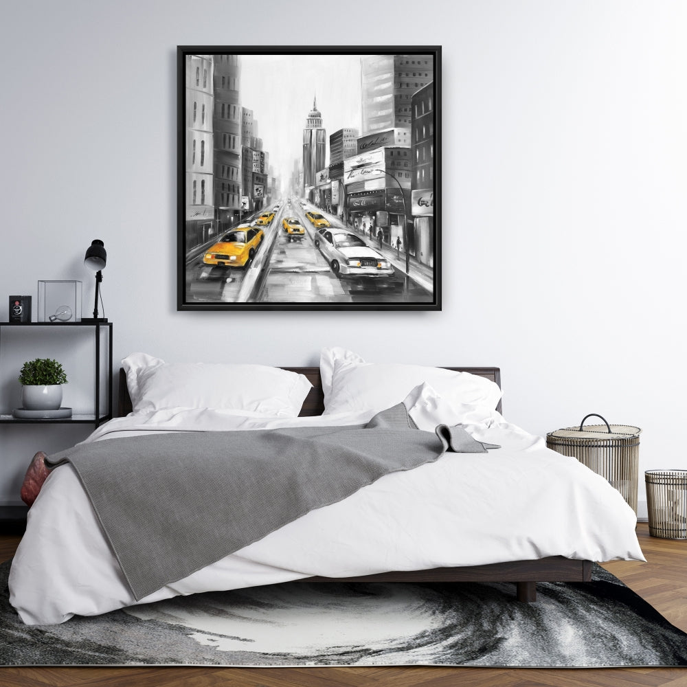 Toile « Taxis jaunes à New York » | Décoration d'intérieur encadrée grise