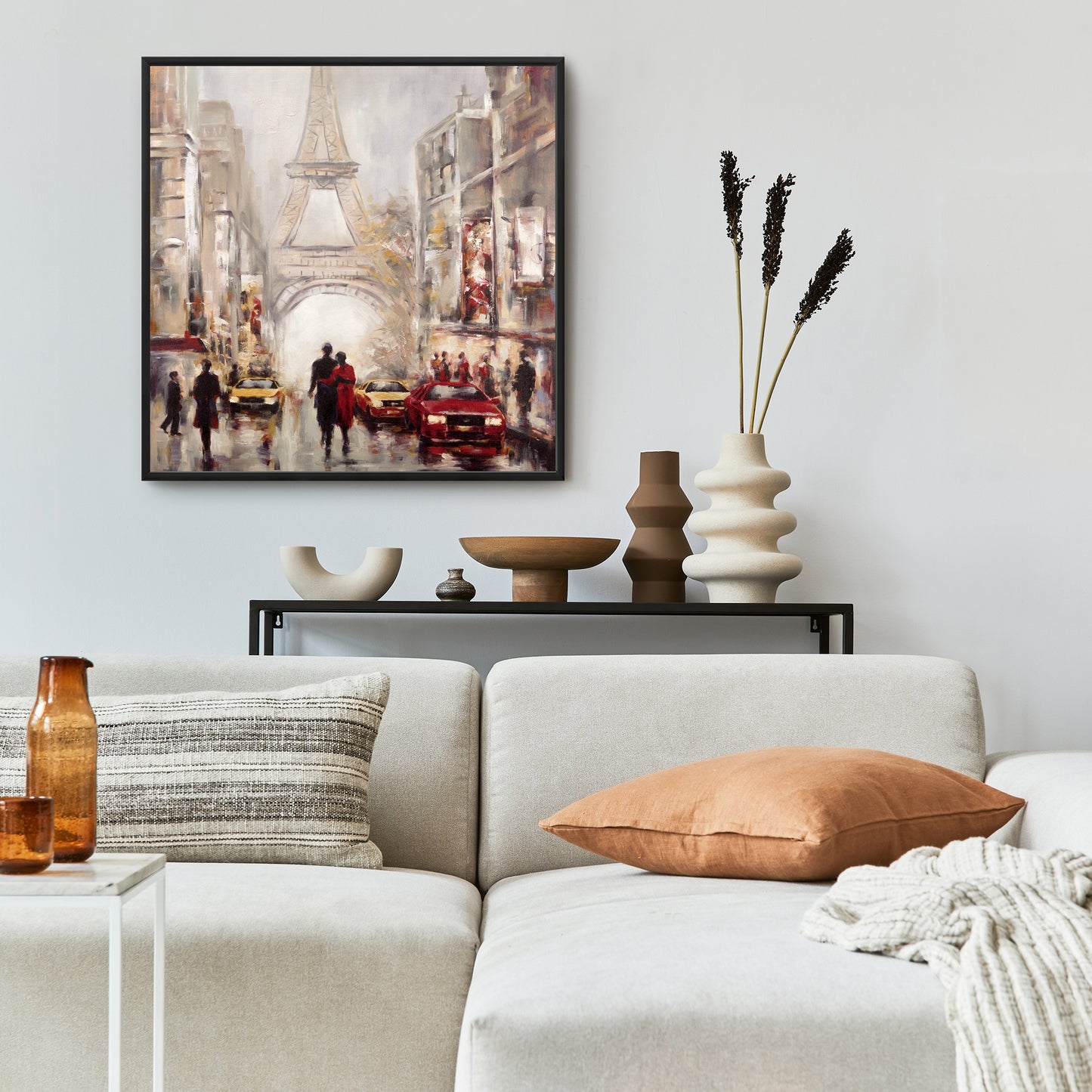 Toile « Rue animée de Paris » | Décoration d'intérieur avec cadre rouge