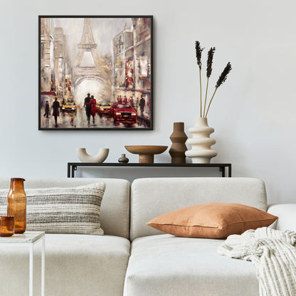 Toile « Rue animée de Paris » | Décoration d'intérieur avec cadre rouge