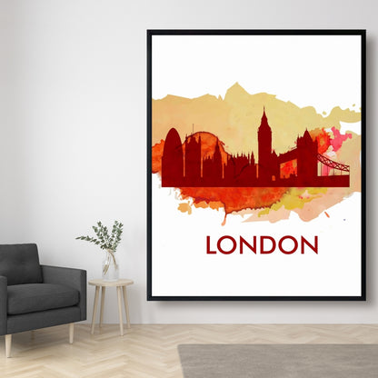 Paint Splash Silhouette of London | Retro Orange Canvas Decor