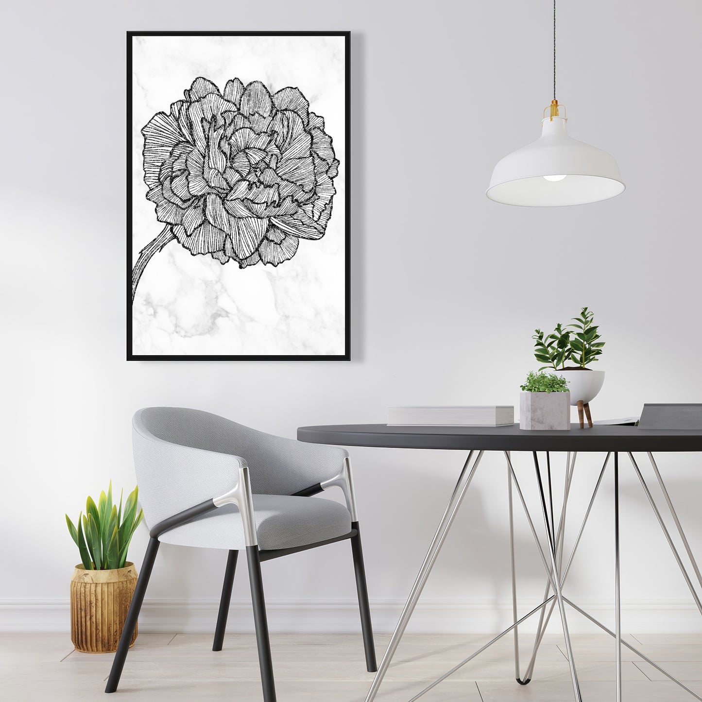 Toile florale pivoine lumineuse - Cadre blanc monochrome