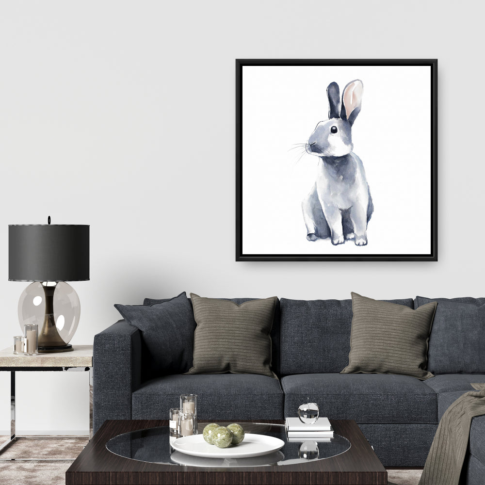 Toile encadrée « Lapin curieux gris » | Décoration de chambre scandinave