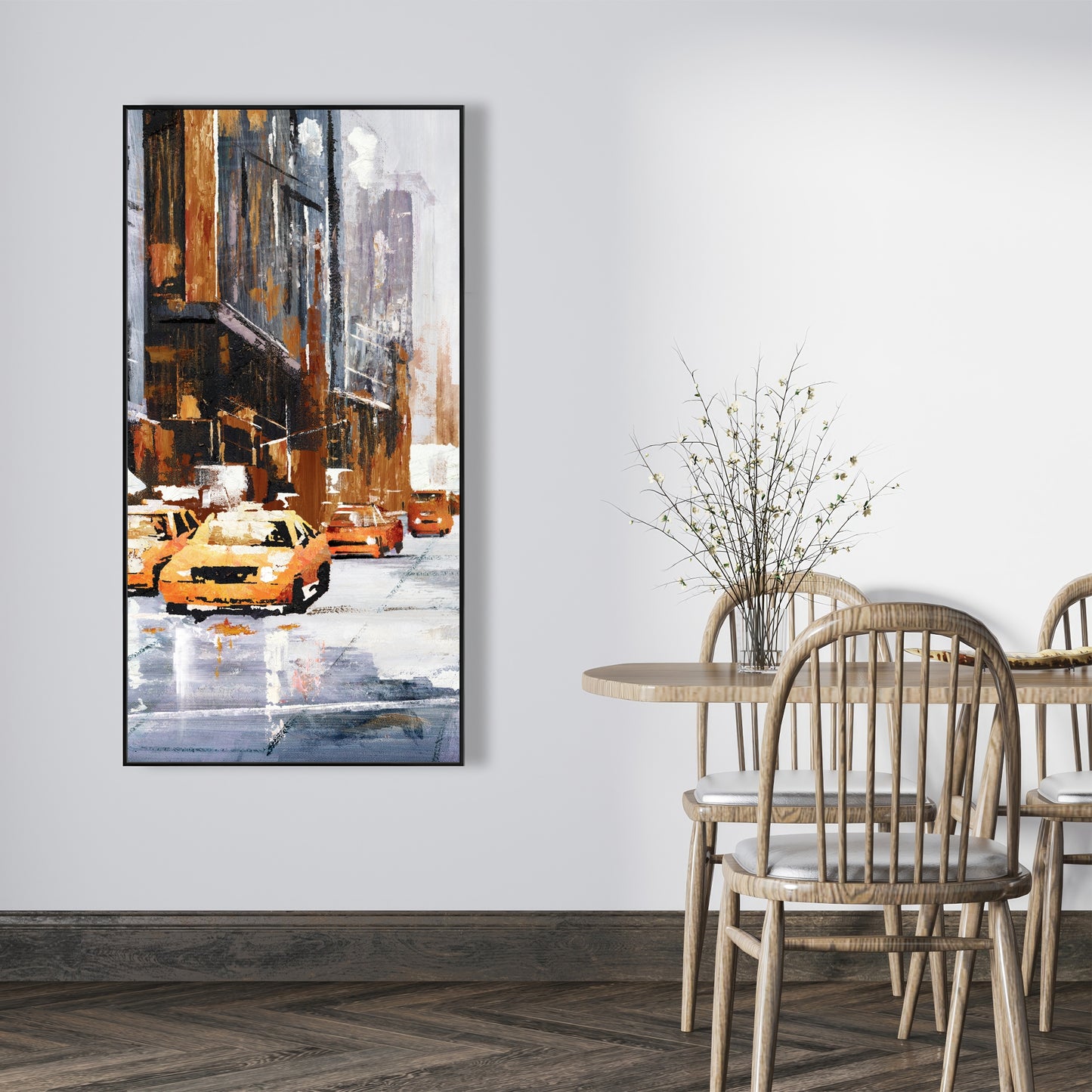 Toile « Construire des villes brunes » | Rue d'une grande ville avec taxi jaune