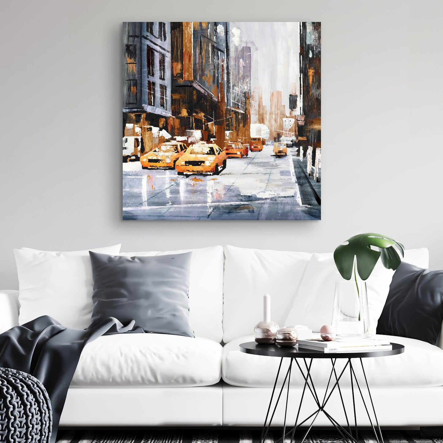 Big City Street Canvas with Yellow Taxi - Brown Bedroom Decor