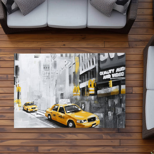 New York City with Taxis Rug - Black Outdoor Home Decor