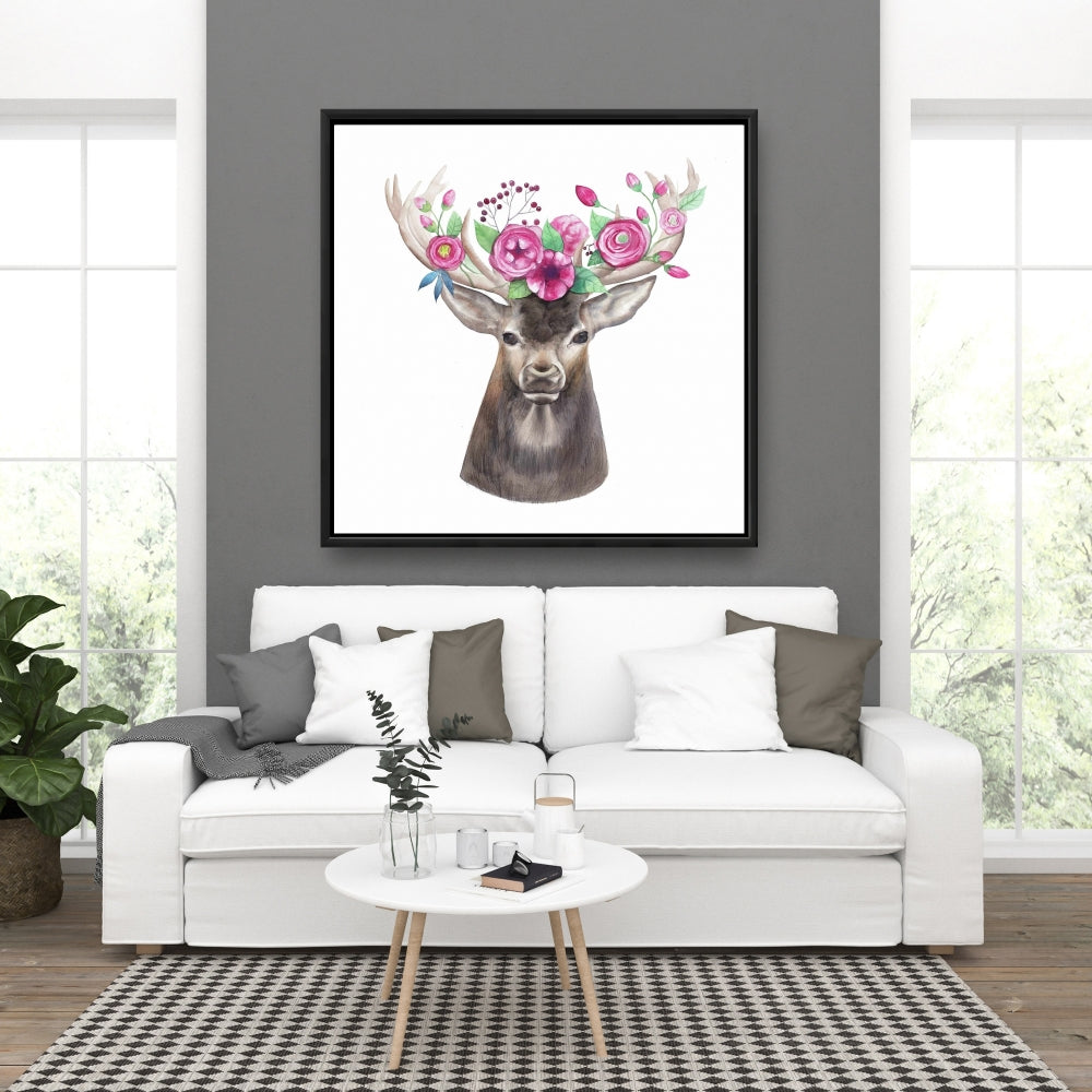 Toile « Tête de cerf avec fleurs » | Décoration animalière romantique marron