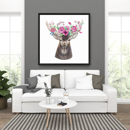 Toile « Tête de cerf avec fleurs » | Décoration animalière romantique marron
