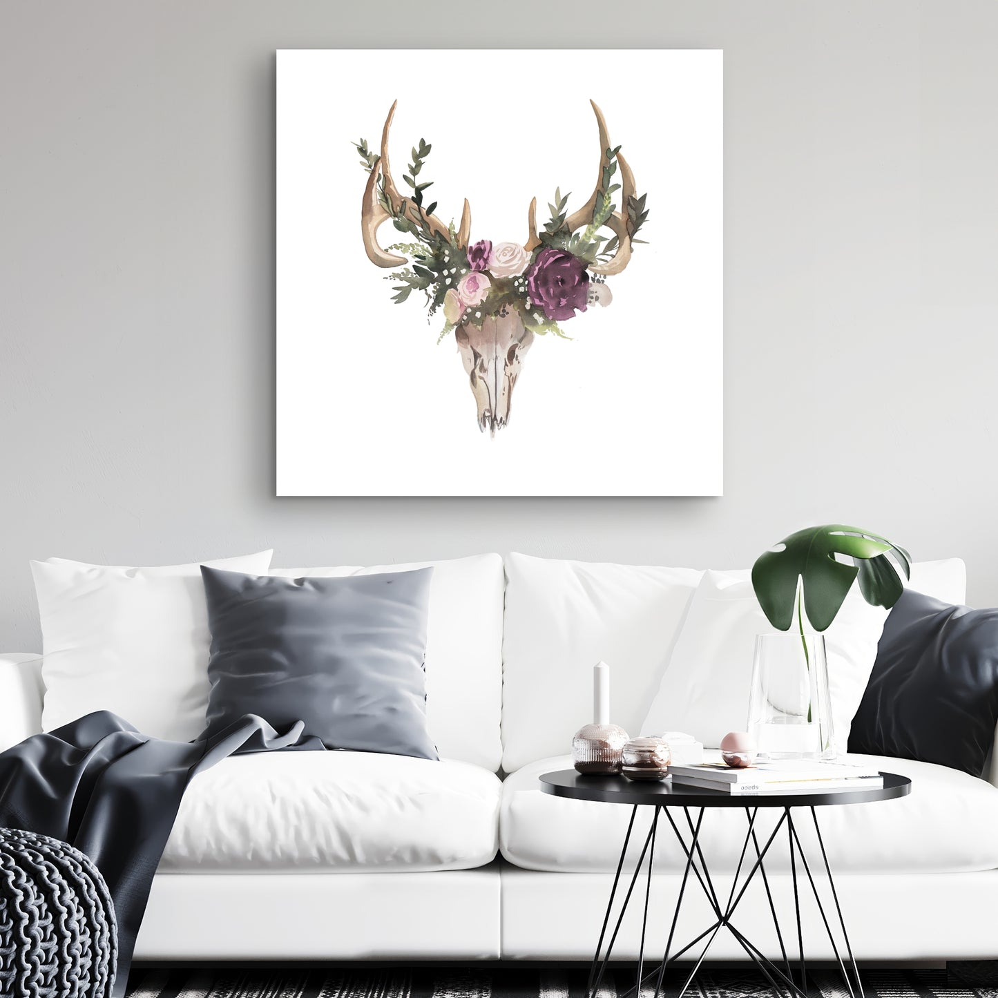 Rustic Deer Skull with Flowers Canvas - Animal Bedroom Decor