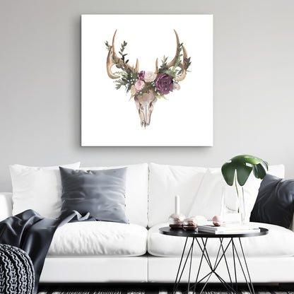 Rustic Deer Skull with Flowers Canvas - Animal Bedroom Decor