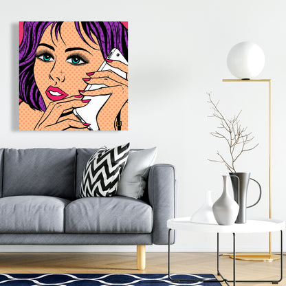 Retro Purple Bedroom Canvas | Pop Art Lady on Phone Decor