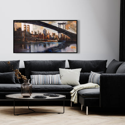 Toile « Coucher de soleil sur New York » | Cadre marron industriel