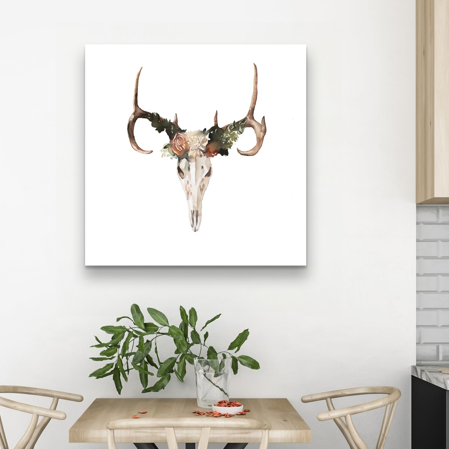 Rustic Deer Skull Canvas with Roses - Bedroom Wall Decor