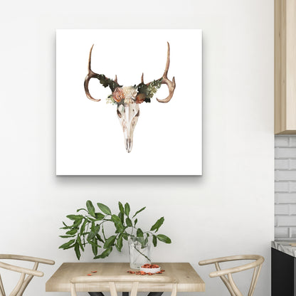 Rustic Deer Skull Canvas with Roses - Bedroom Wall Decor