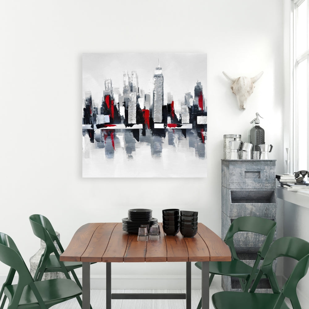 Gray and Red Cityscape Canvas | Industrial Gray Home Decor