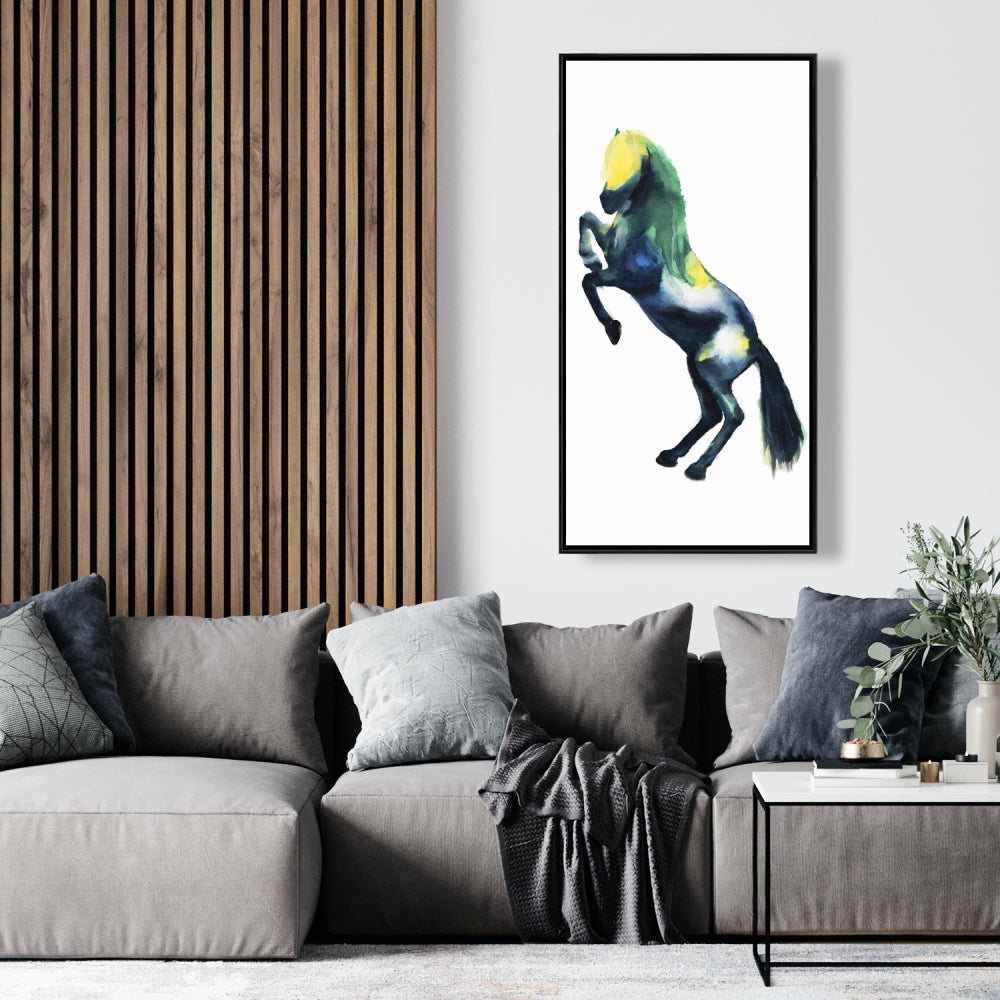 Toile encadrée représentant un cheval bleu et des animaux de la ferme, décoration d'intérieur