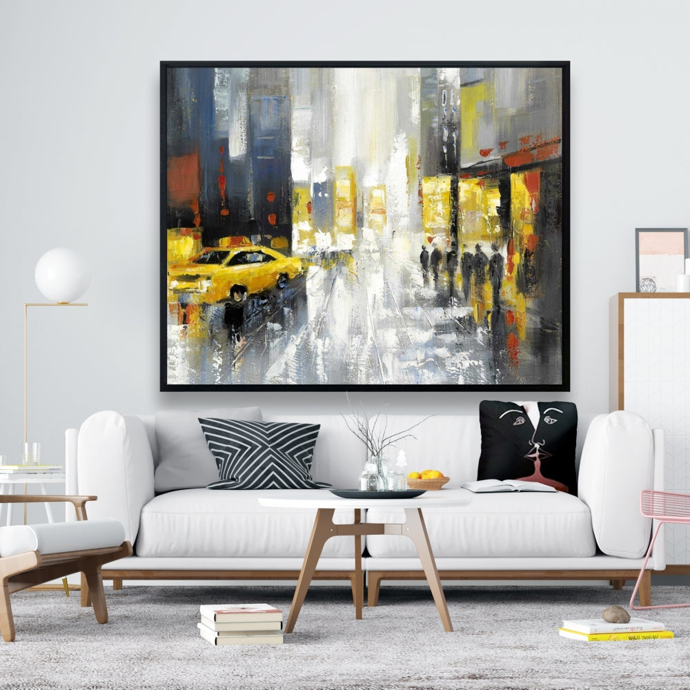 Toile encadrée grise contemporaine - Décoration de rue pluvieuse et animée