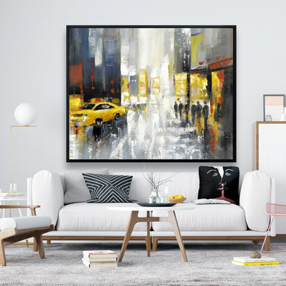 Toile encadrée grise contemporaine - Décoration de rue pluvieuse et animée