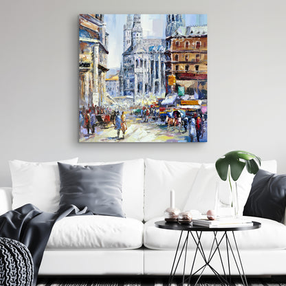 Contemporary Building Blue Canvas - Busy Street Wall Art Decor
