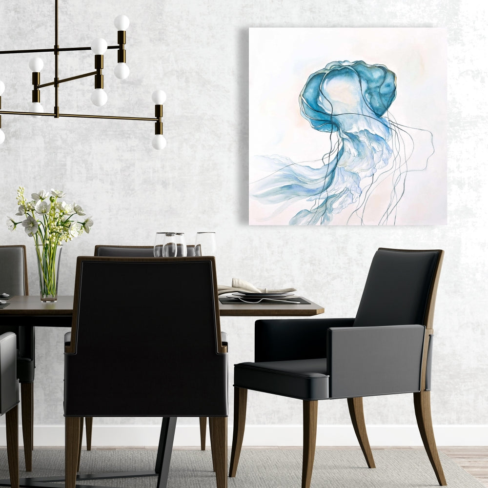 Toile représentant une méduse en mouvement – Décoration murale aquatique bleue pour chambre à coucher